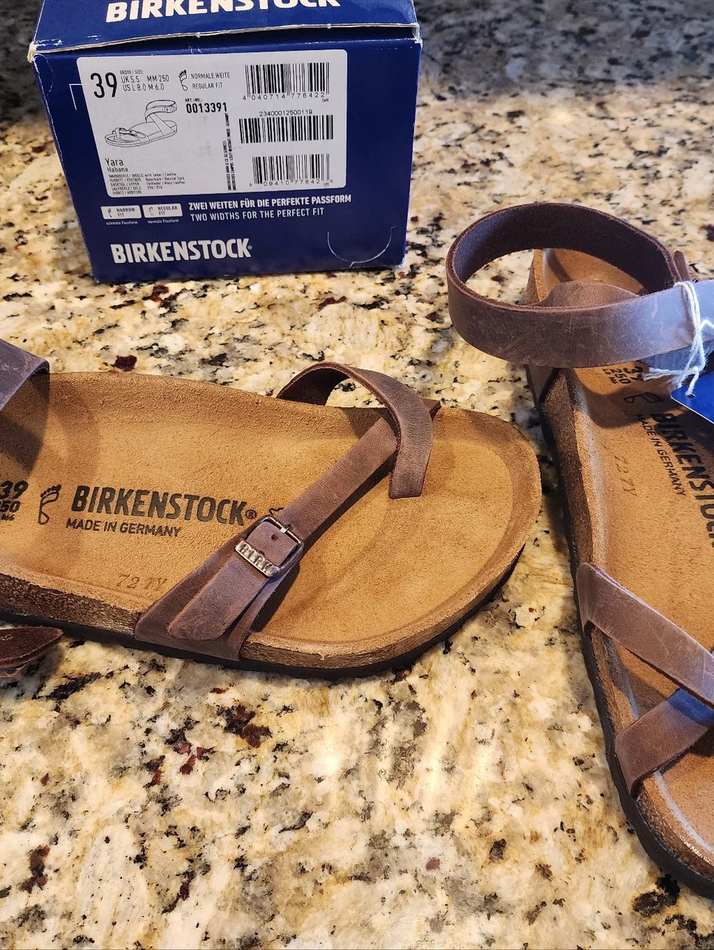 New Box Women Brown Oiled Leather Birkenstock 39 Yara Angle Samdals Shoes - Picture 3 of 5